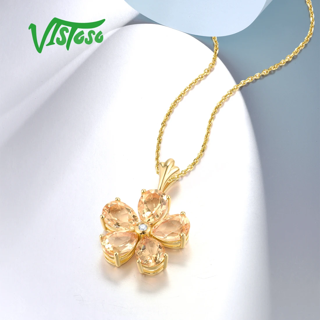 VISTOSO Reale 14K 585 Ciondolo in Oro Giallo per Le Donne Diamante Scintillante Fantastico Citrino Semplice Indossare Quotidiano Elegante