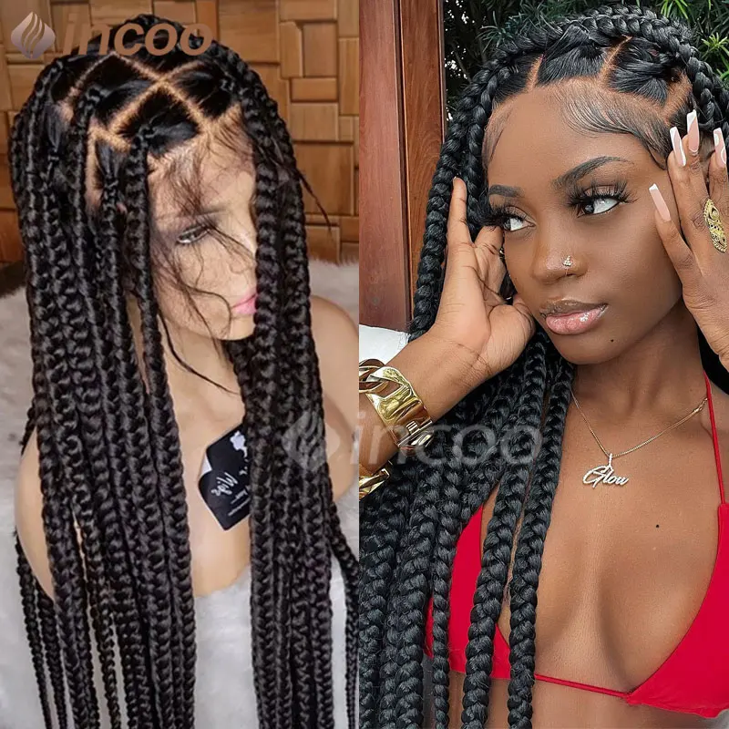 36 Inches Synthetic Knotless Large Square Box Braided Wigs Full Lace Frontal With Baby Hair For Afro American Women Braided Wigs