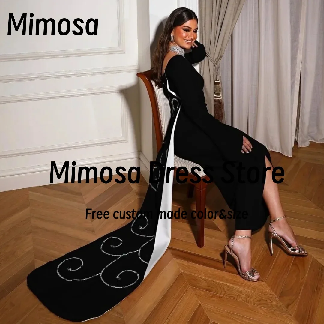 Mimosa Black Side Slit Prom Dresses فساتين سهرة فاخرة 2025 Beading Train Evening Dress Long Sleeves Party Gowns Customized