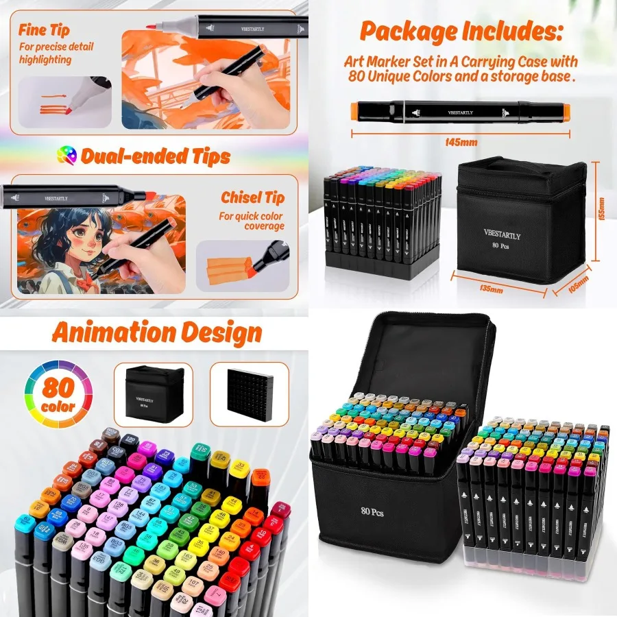 

80 Colors Alcohol Markers with Base Permanent Dual Tip Art Markers for Adults Anime Coloring Sketch Illustrations Perfect for G