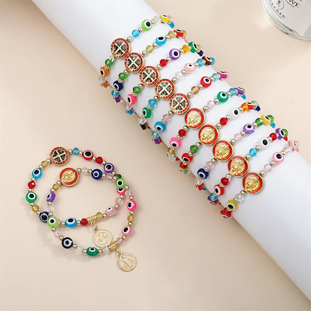 12PCS San Benito Bracelets Evil Eye Beads Elastic thread Catholicism Saint Benedict Medal Pendant Adjustable Bracelet  Gift