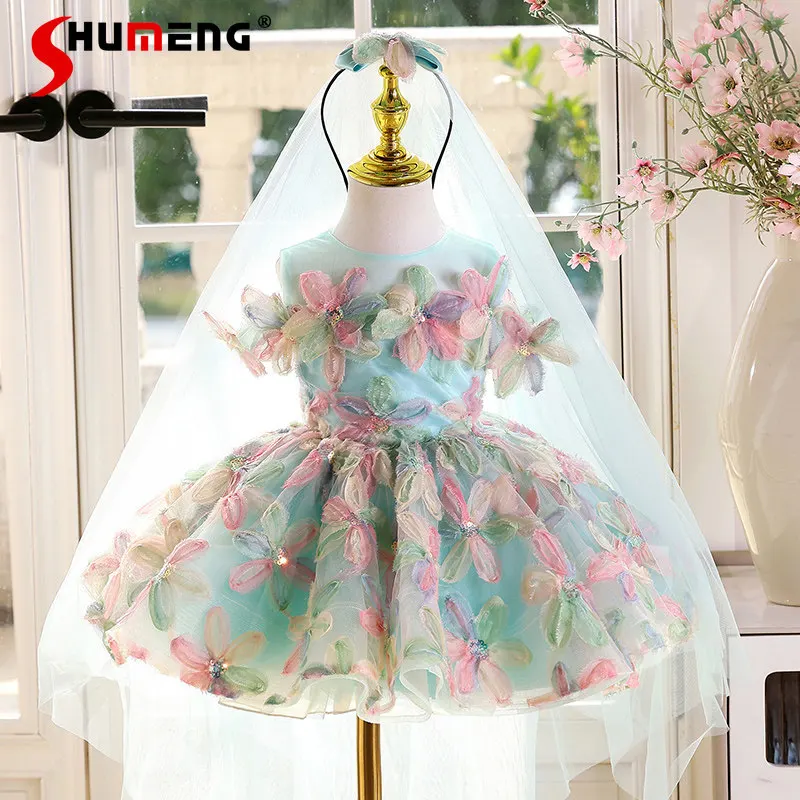 Girls' Birthday Princess Party Dress Host Piano Performance Costume Gown Dress Children's High End Banquet Flower Dress