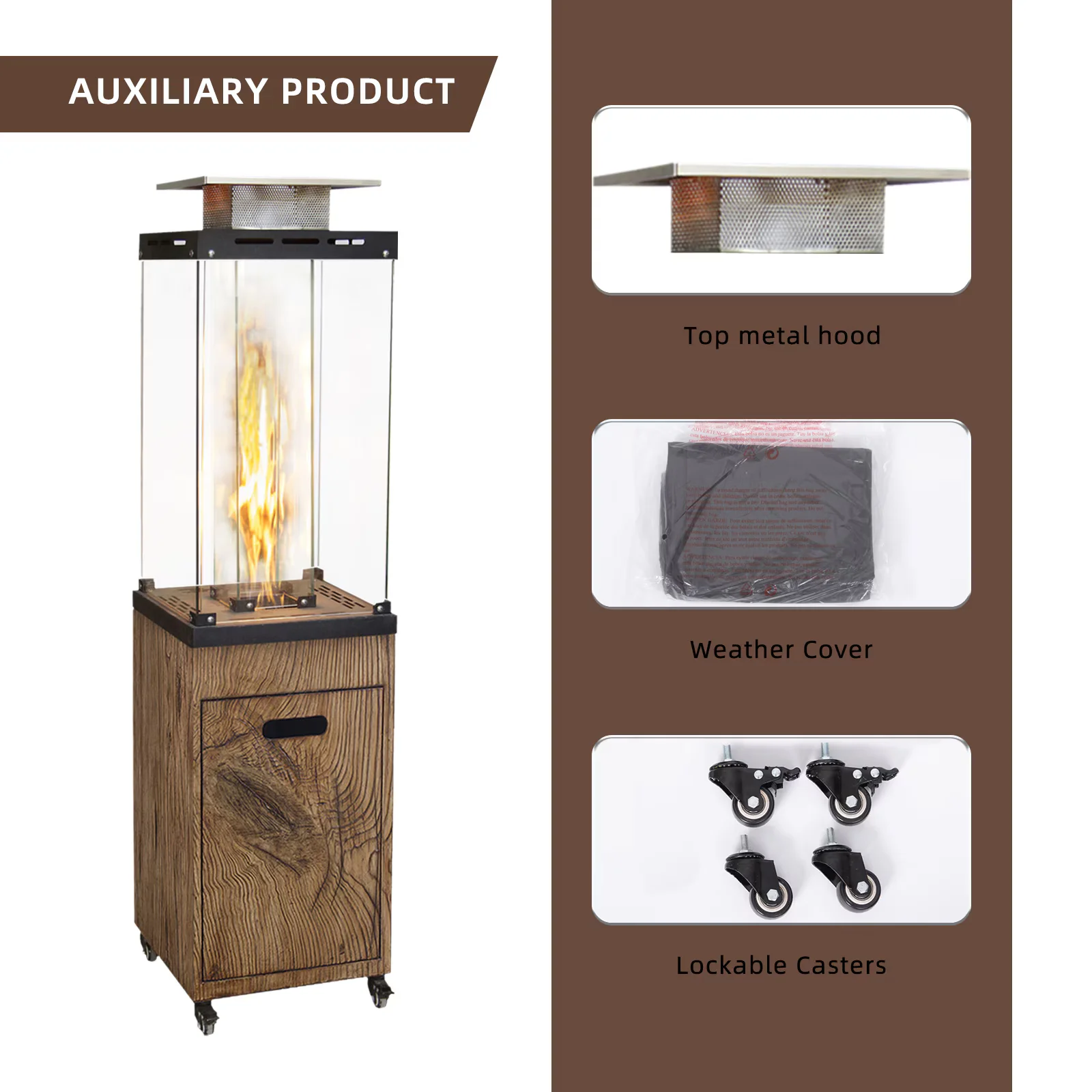 New Faux Woodgrain Tempered Glass Outdoor Propane Gas Fire Heater – Stylish & Durable for Patios, Gardens & Outdoor Spaces