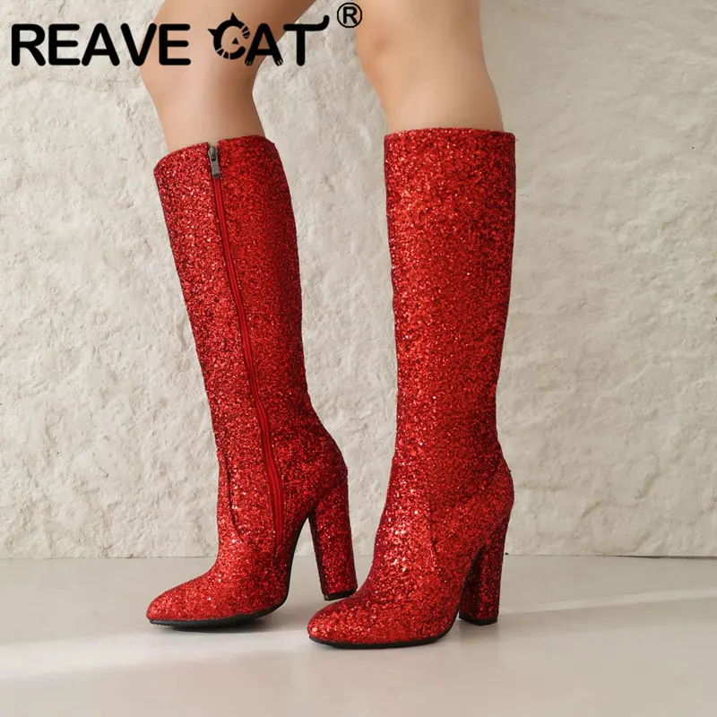 

REAVE CAT Glitter Women Knee High Boots Pointed Toe Chunky Heels 11cm Zipper Sexy Lady Shoes Party Fashion Bota Big Size 45 46