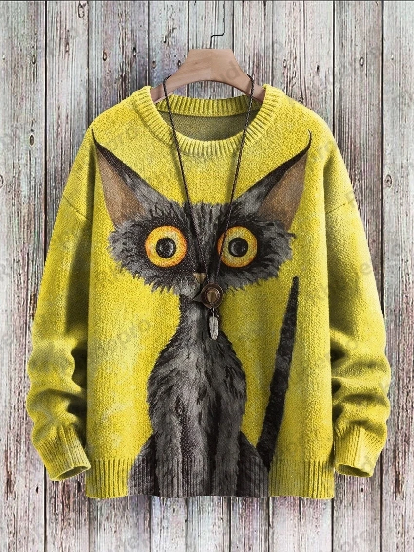 Retro Waves 2027 Retro Ink Landscape Painting Pattern 3D Printed Men's Knitted Pullover Winter Casual Knit Pullover Sweater
