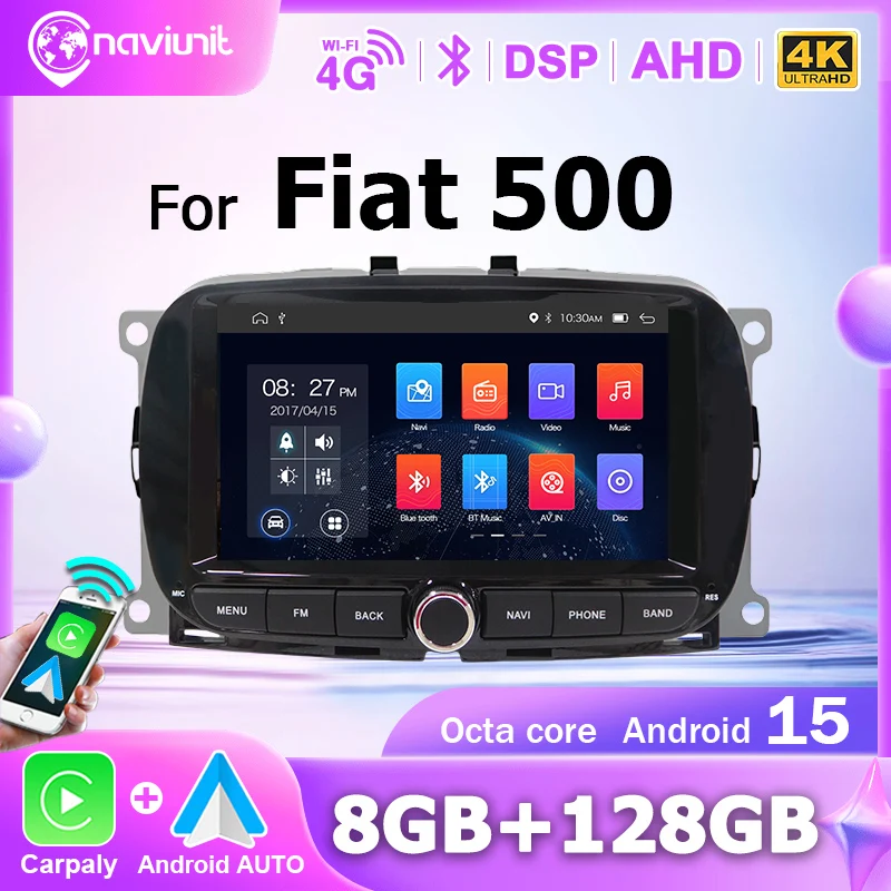 Autoradio Android 15 con Carplay Wireless, Schermo da 7 Pollici per Fiat 500 2016-2019, Stereo 2 DIN, Lettore Multimediale Bluetooth