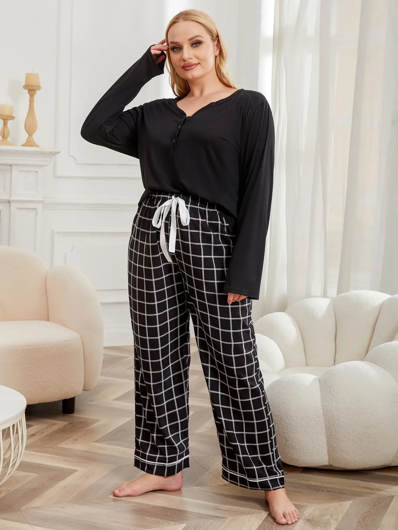 Plus Size Women Pajama Set Solid V Neck Button Top & Plaid Drawstring Waist Pants Female Sleepwear 2 Pieces Nightwear Homewear