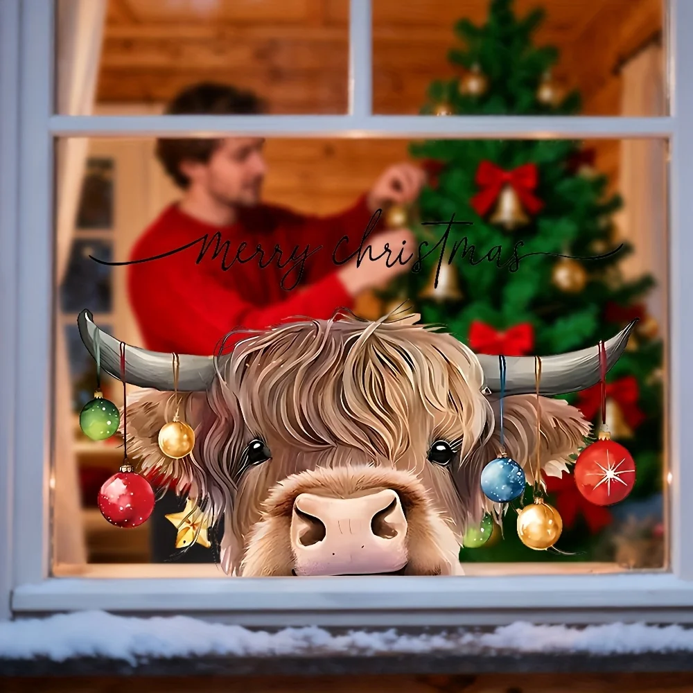 1pc Weihnachten Highland Cattle Statische Cling Fenster Glas Aufkleber Wasserdicht Keine Rückstände Wohnzimmer Shop Hause Dekoration