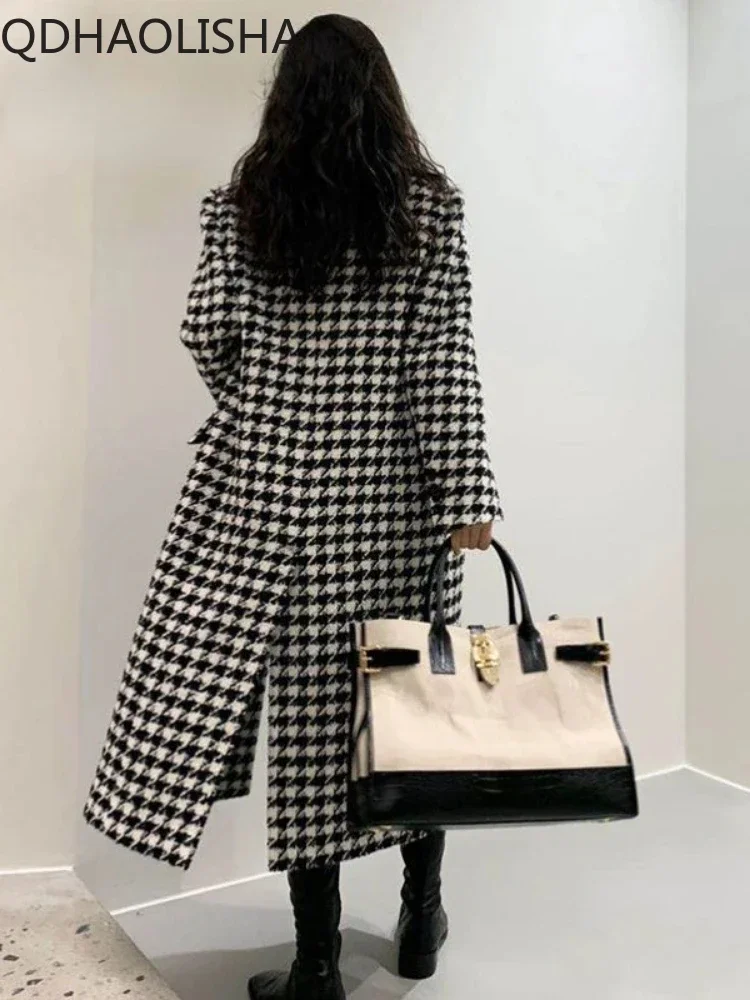 2023 Winter New In Women\'s Wool Jacket Houndstooth Elegant Korean Fashion Overcoat Office Ladies Thick Warm Long Coats for Women