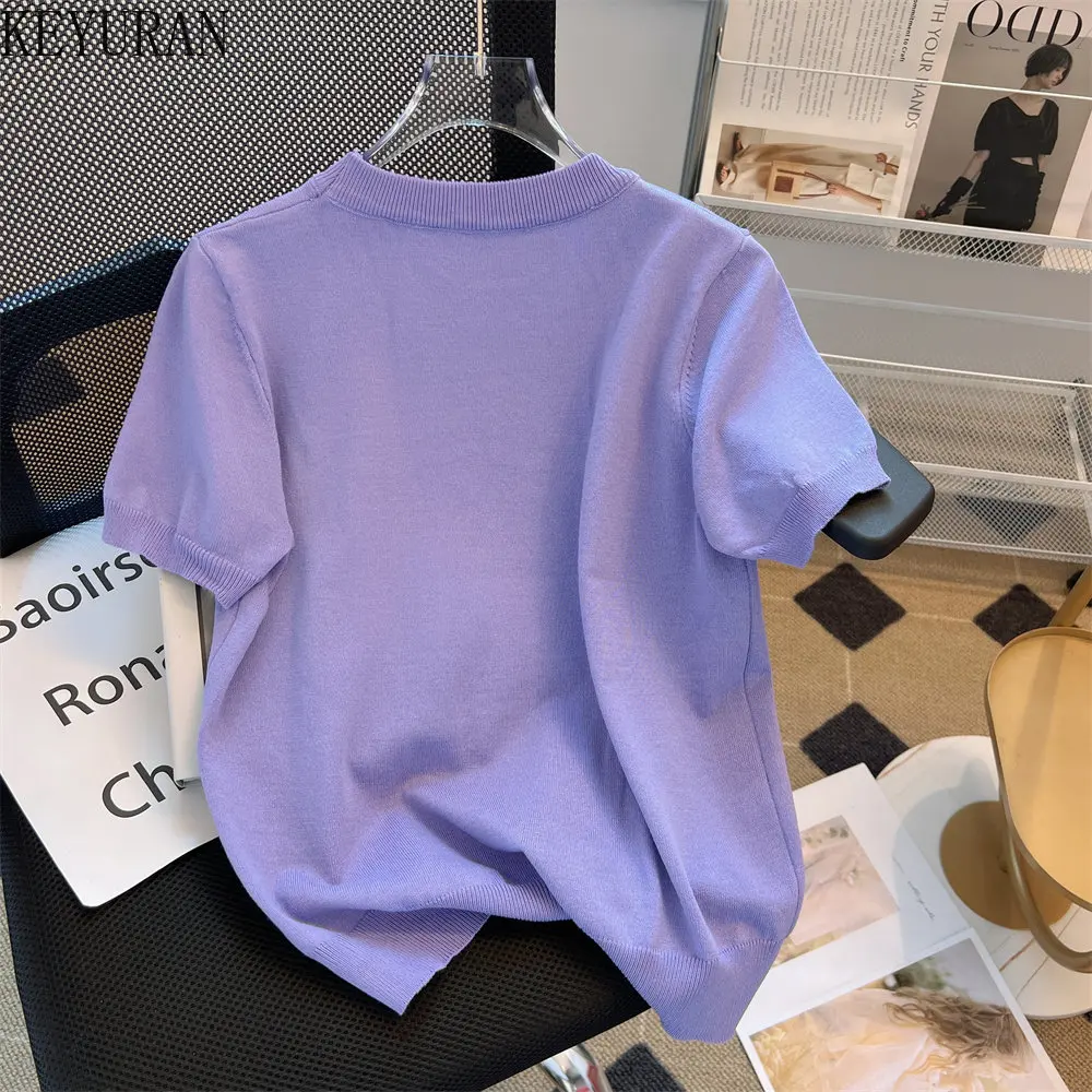 Summer Animal Embroidery Short Sleeve Sweater Women Knit T-Shirt Simple Casua O-Neck Peals Beading Pullover Knitted Tops Purple