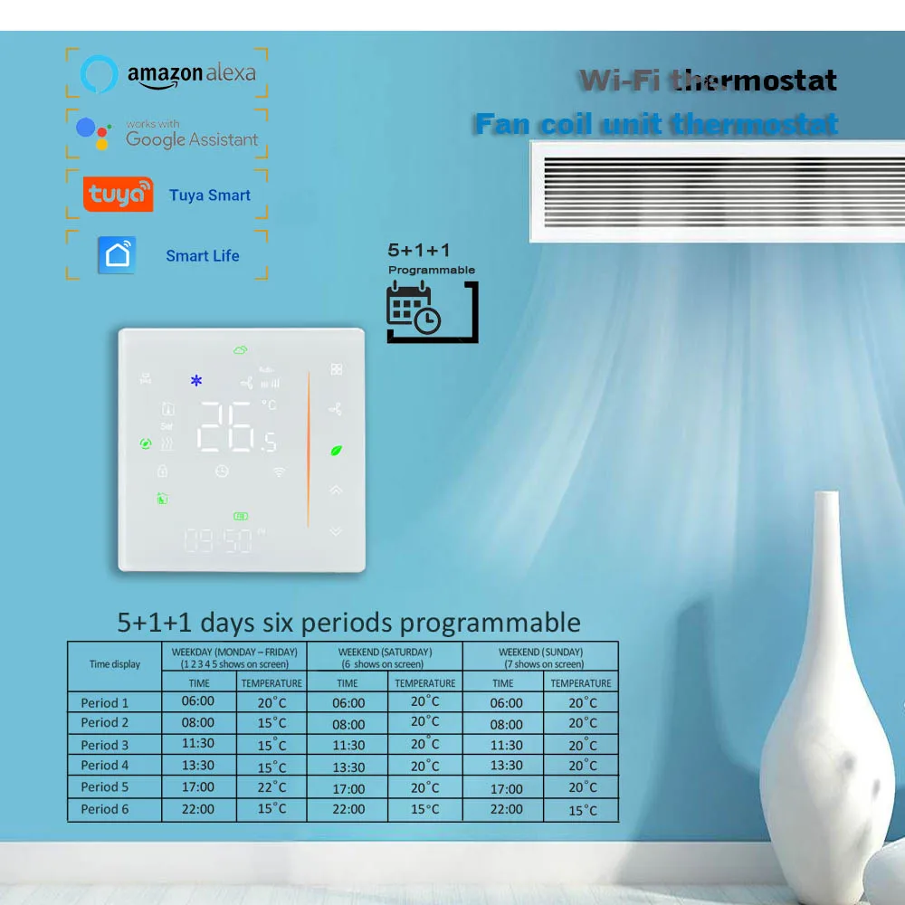 24VAC 95-240VAC Smart home HVAC Thermostat 2P/4P Fan Coil Thermostat for heating and cooling Tuya Smart Life App