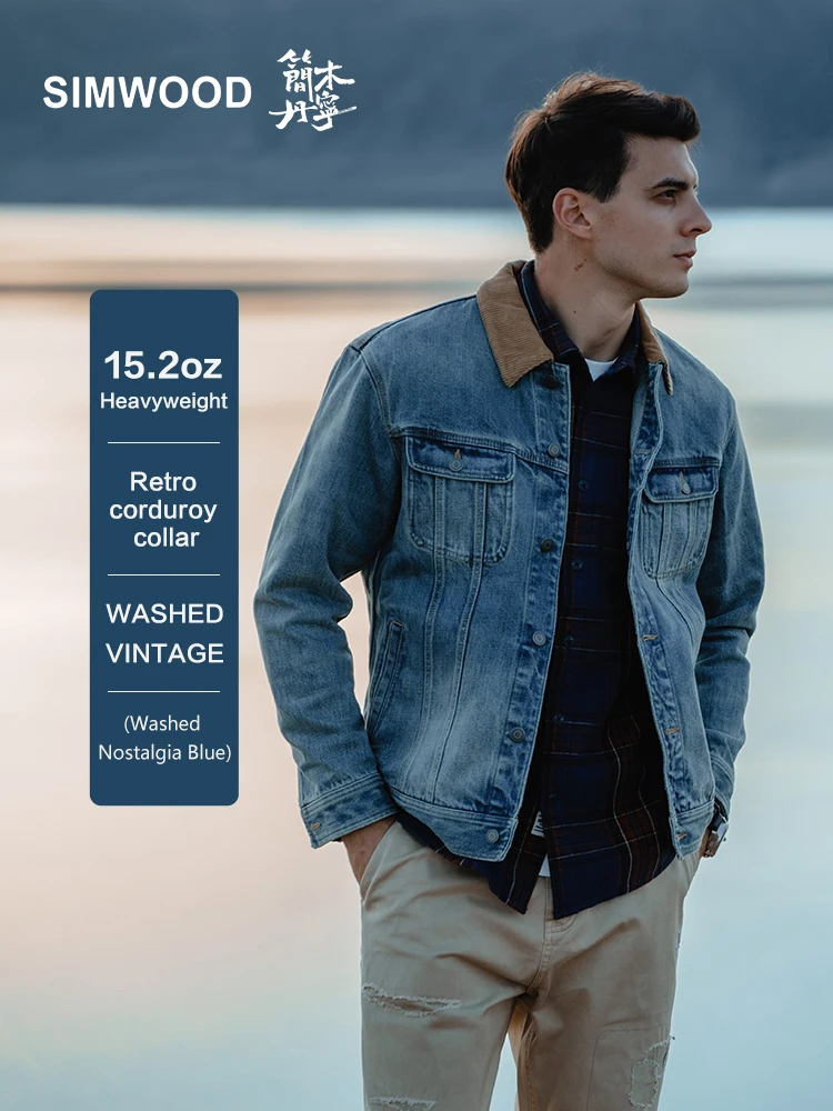 SIMWOOD 2024 Autumn New Oversize Denim Jackets Men 15.02oz Heavyweight 100% Cotton Washed Vintage Fabric Coats