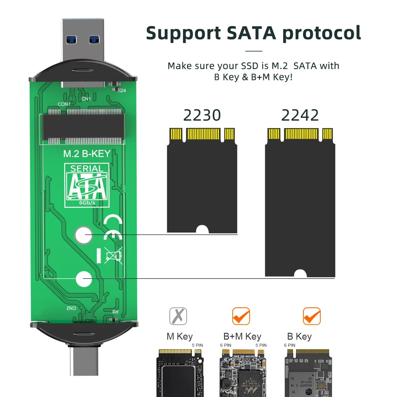 حاوية SATA SSD ، 2 في 1 ، نوع C ، USB ، حقيبة محرك أقراص صلبة ، حقيبة خارجية صغيرة للكمبيوتر المحمول ، مفتاح B + M ، M2 SSD ، ألومنيوم