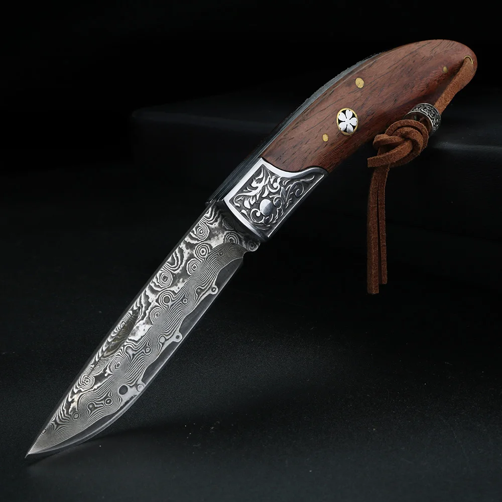 Damascus Steel Folding Knife Multi Functional Peeling, Cutting and Splitting Knife Outdoor Portable Fruit Knife