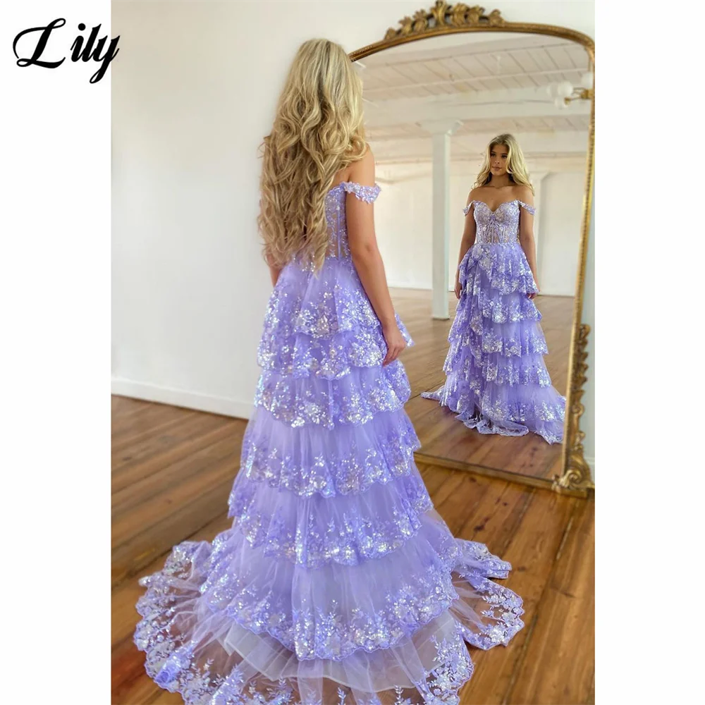 Lily-vestido Formal elegante negro, apliques de tul con hombros descubiertos, vestidos de graduación con abertura lateral alta, vestidos en capas para graduación personalizados