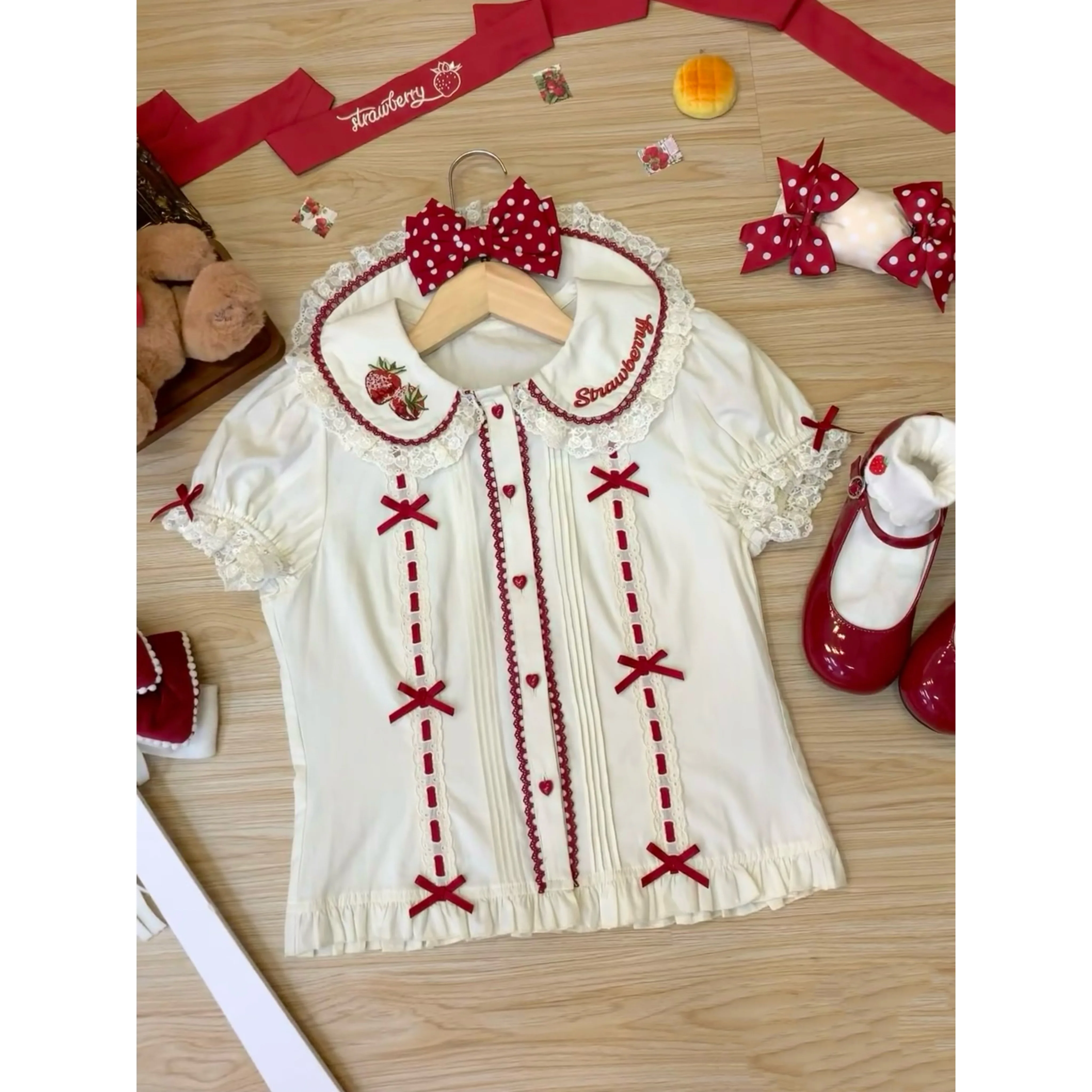 Sweet Strawberry Embroidered Lolita Inside Shirt Summer Soft Girls Kawaii Slim-Fit Short Sleeve Bottom Top Lori Lo Y2k Blouses