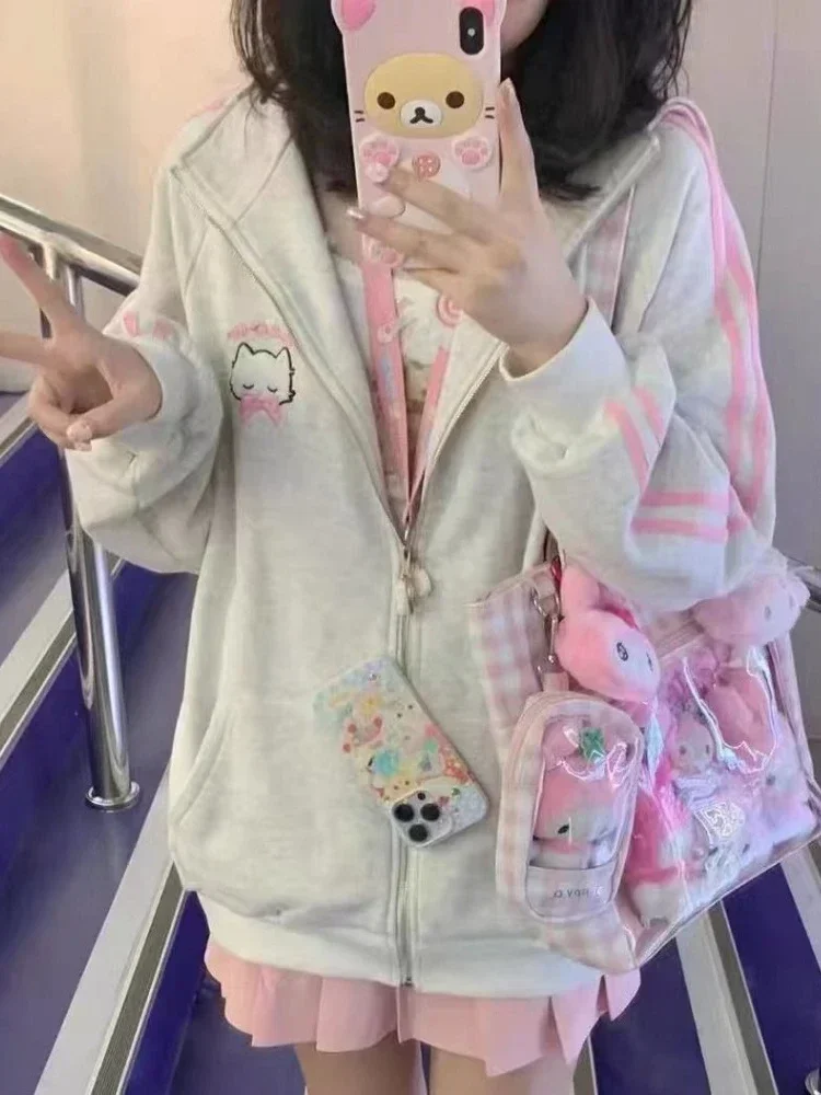 HOUZHOU-Sudadera con capucha y cremallera para mujer, suéter de gran tamaño con bordado de gato rosa, estilo Harajuku, Kawaii, moda japonesa,