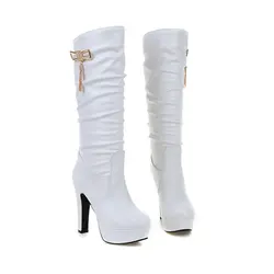New Autumn Winter Women's boots White Knee High Boots Women Comfy Walking Female Western High heeled knight boots Shoes Large si