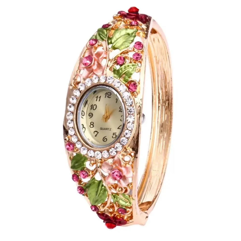 Delicate Alloy Rhinestone Dress Watch Round Dial Luxury Flower Watch Quartz Movement Quartz Bracelet Wristwatch Fashion Wear