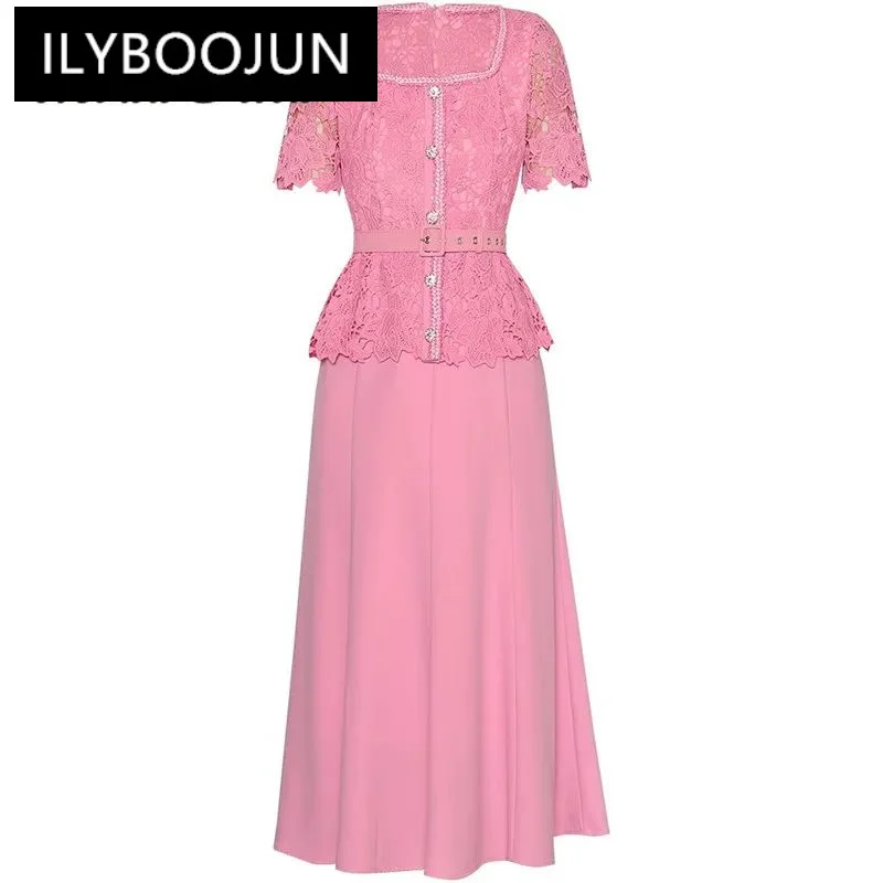 

ILYBOOJUN Summer Runway Dress Women Vintage Embroidery Hollow Out Heavy Diamond Single Breasted Sashes Ruffle Hem Dresses