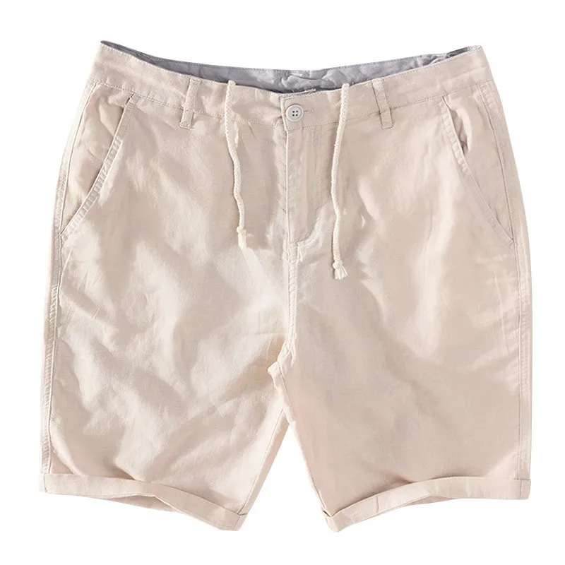 Katoenen Linnen Korte Broek Voor Heren Zomer Nieuwe Effen Witte Rechte Losse Vakantiebroek Man Casual Button Fly Korte Broek 037