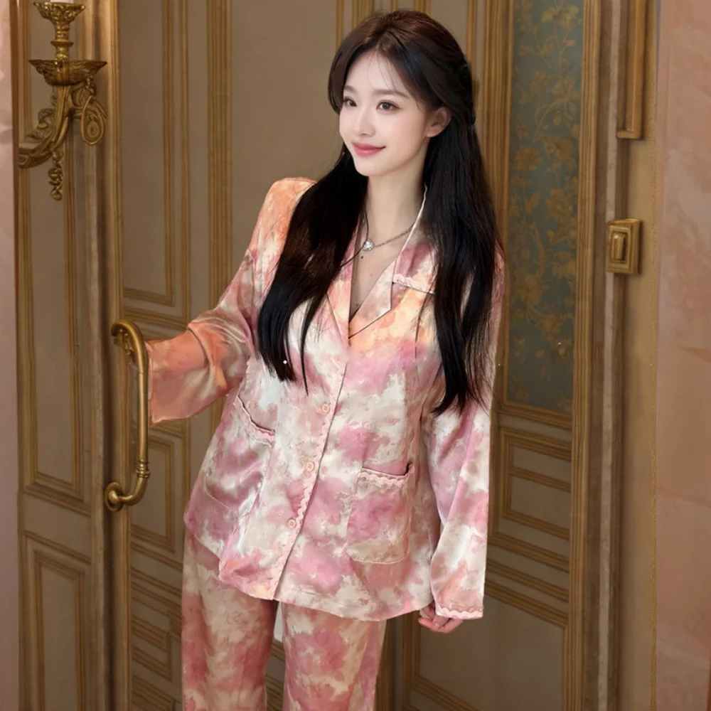

Floral Sleepwear Lapel Button-Down Loungewear Pijama Spring Autumn Long Sleeve Home Clothes Ice Silk Women's Two-Piece Pajamas