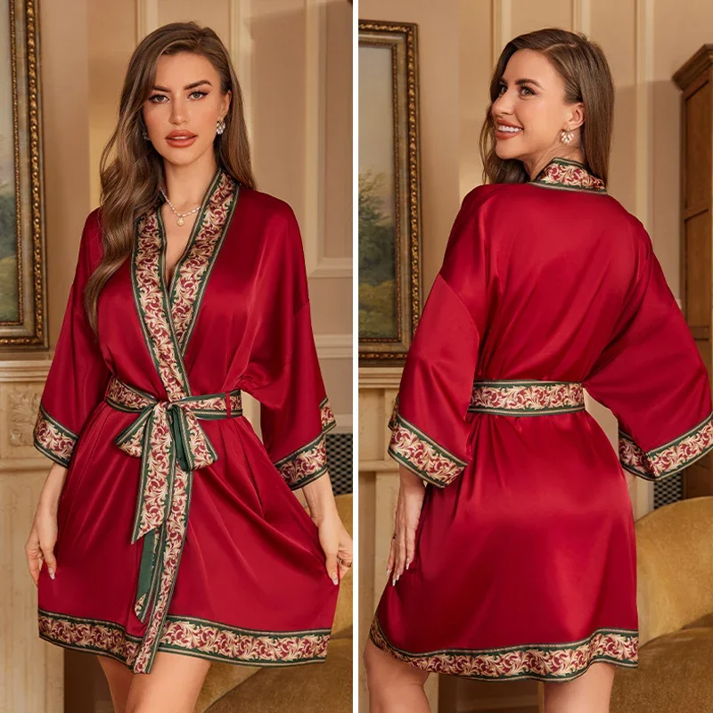 

Свадебный красный утренний халат, женский сексуальный халат-кимоно, атласная одежда для сна в китайском стиле с принтом, ночная рубашка, свободное повседневное домашнее платье