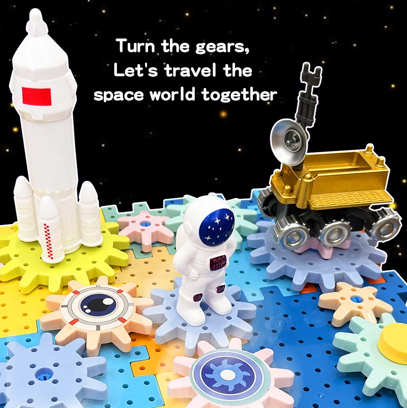 Space Rocket Large Electric Gears Building Blocks Set with Music & Light STEM Educational Construction Toys for Children Gifts