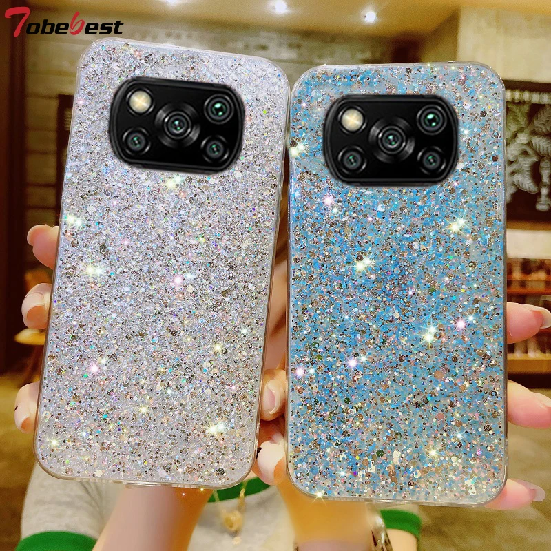 Shiny Glitter Silicone Case for Xiaomi POCO X3 NFC M3 Pro Coque Gold Silver Foil Soft Back Cover