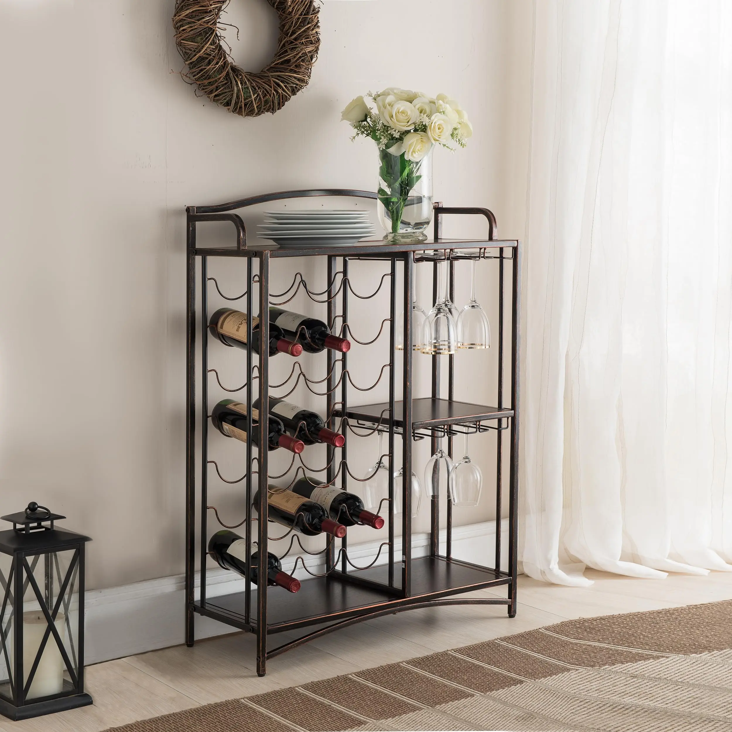 

Metal Wine Storage Rack With Glass Holder And Shelves, Holds 21 Bottles For Bar Or Dining Room