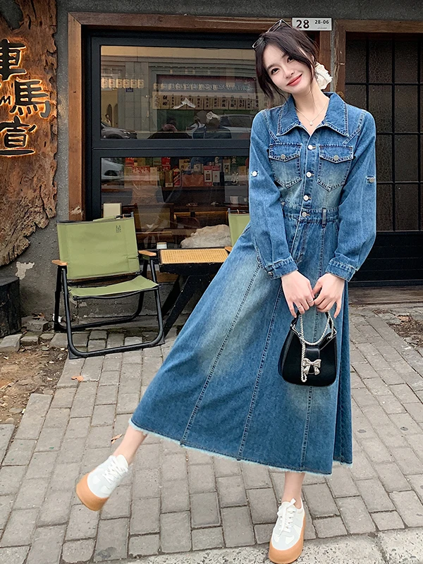 Spring Shirt Style Long Sleeve Denim Dress Women's Loose Waist Princess A-Line Skirt Sweet Style Casual Comfortable Dress