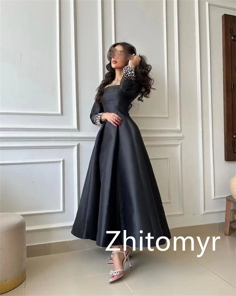 Customized Ball Elegant Simple Square A-line Celebrity Dresses Beaded Skirts Anke Length Satin Evening Vestidos Para Eventos Esp