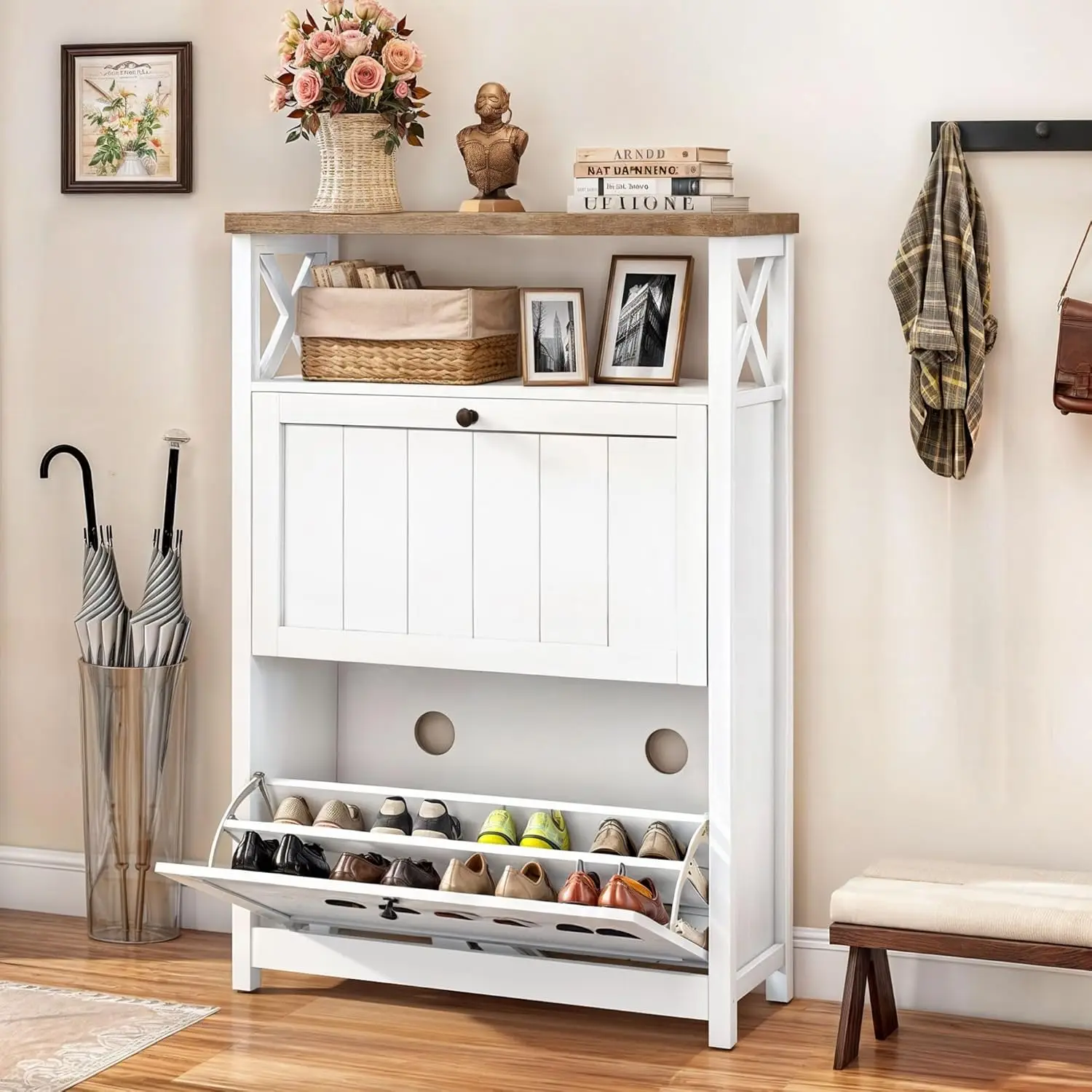 

Cabinet Entryway, White Shoe Storage Cabinet with 2 Flip Drawers, Free Standing Hidden Narrow Shoe Rack