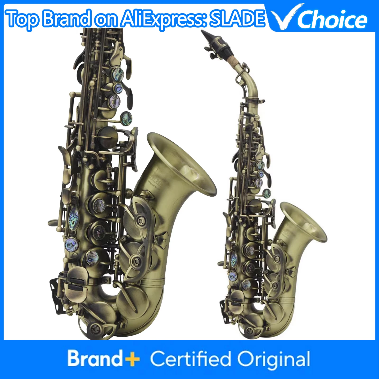 

Саксофон сопрано SLADE Bb, циановый, антикварный, с малым изгибом, бронзовый корпус, медная трубка, резные кнопки из перламутра