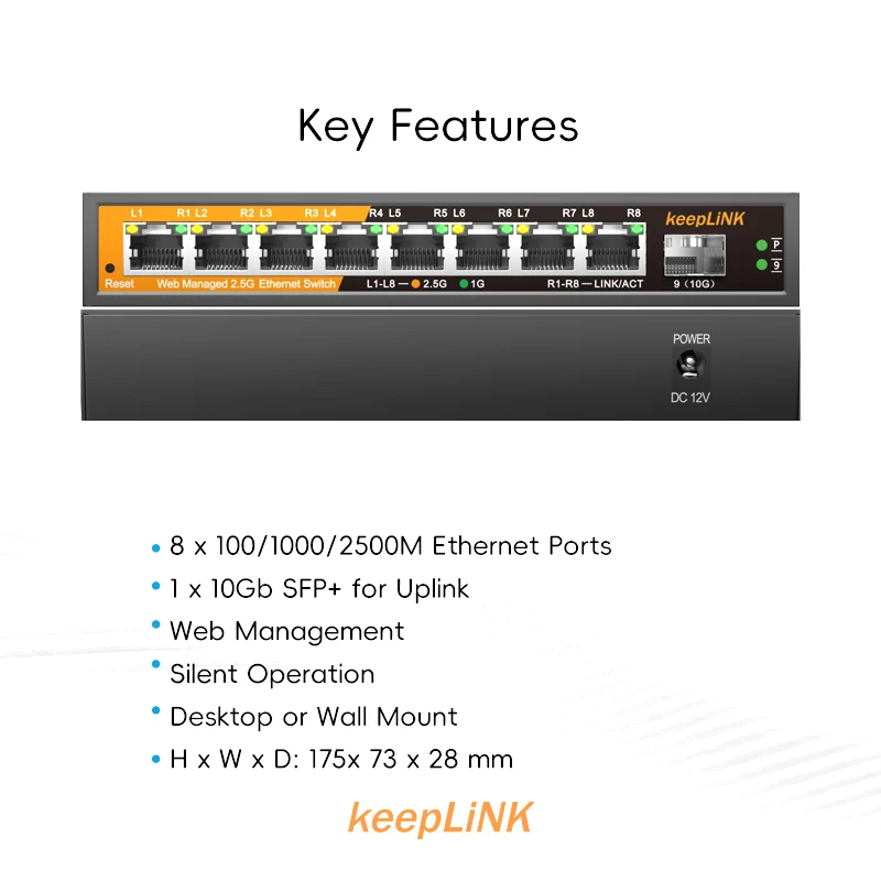 Commutateur 6 Ports 2.5G KeepLiNK - 4x RJ45 2.5G + 2 SFP 10G - 60Gbps Plug & Play Métal