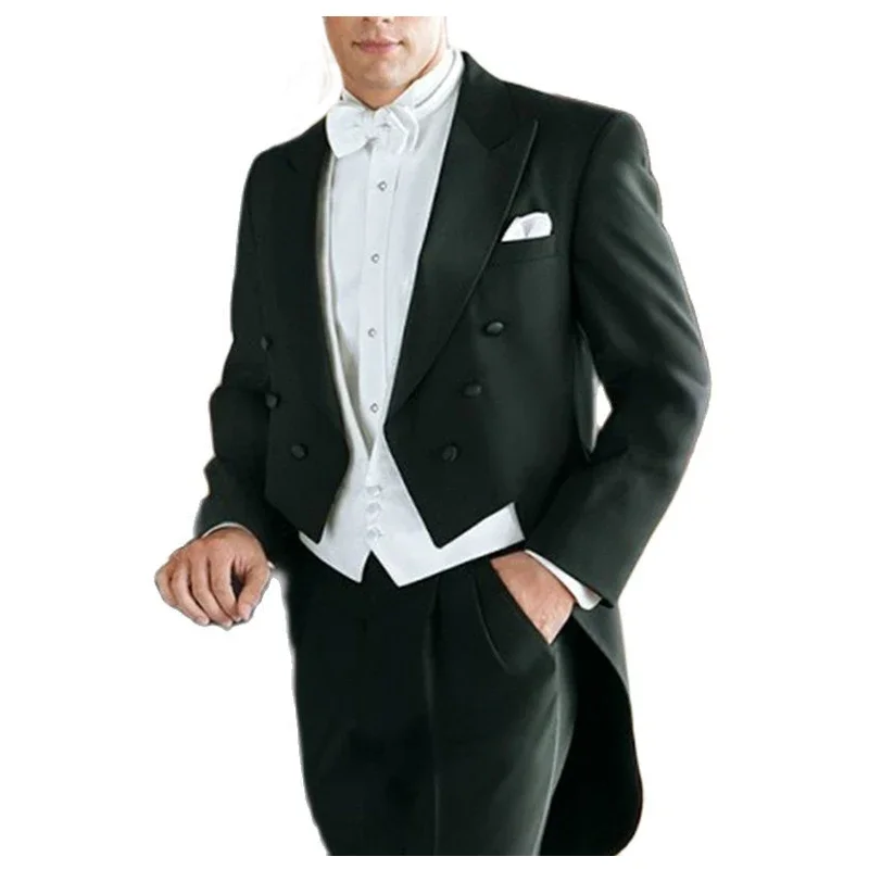 3 Piece Wedding Groom Tailcoat For Groom Party Custom Men Suits Black Jacket Pants  White Waistcoat Male Fashion Costume 2024