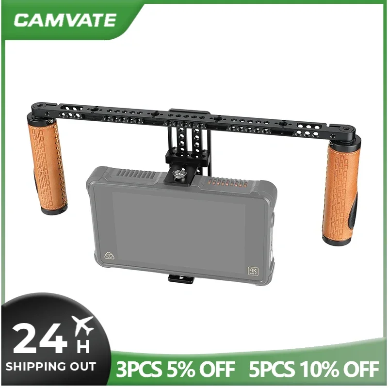 CAMVATE Adjustable Monitor Cage Rig with Leather Rod Handgrips & Cheese Bar & Light Stand Adapter for 5