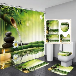 Full Set Bathroom Shower Curtain And Toilet Bath Mat Non-slip Rug Carpet Green Bamboo Bathroom Curtain For Bath Decoration