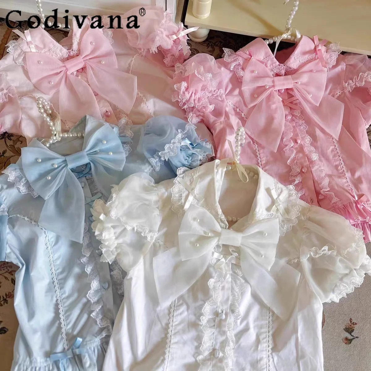 

2026 Summer New Japanese Lolita Short-Sleeve Shirt Sweet and Cute Doll-like Versatile Bowknot Lace Top for Girls