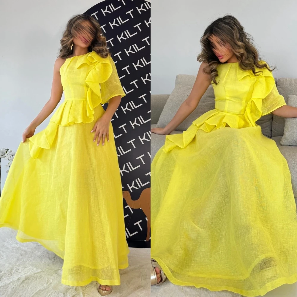 Jiayigong  Satin Ruffles Draped Birthday A-line Jewel Bespoke Occasion Gown Long Sleeve Dresses