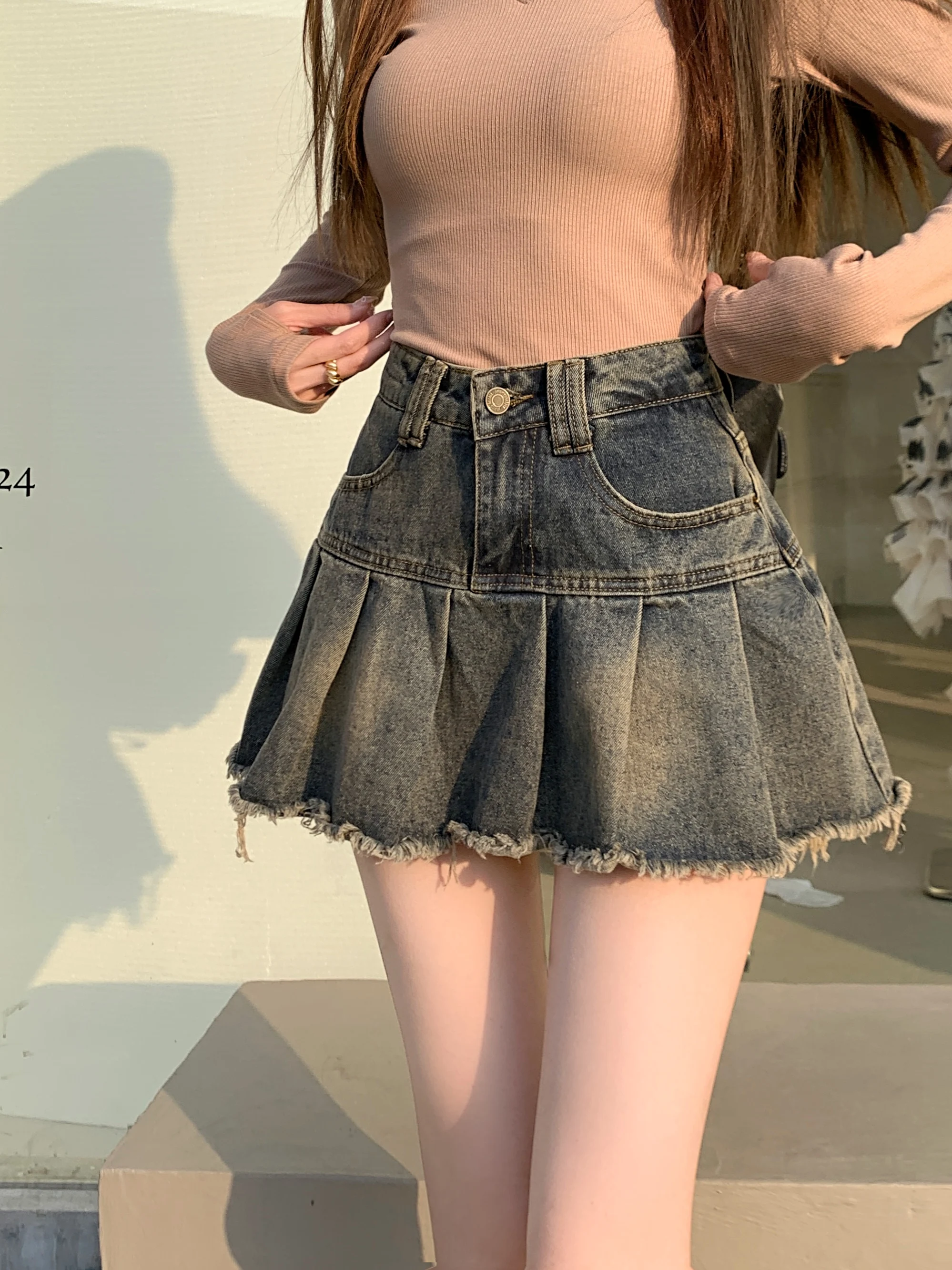 Women\'s Summer Cute Denim Short Skirt High Waist Burr Edge Spliced Casual A-line Harajuku Korean Style Y2K Mini Pleated Skirt