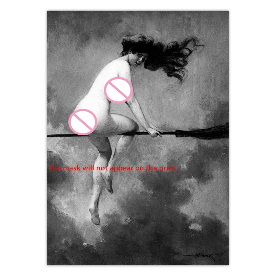 Witch Riding Broomstick Vintage Poster Wall Art Canvas Print Witch Broom Gothic Occult Halloween Antique Black White Painting