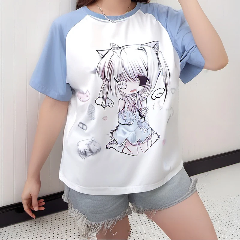 Y2k T Shirts Short Sleeve Women\'s Subculture Cartoon Print Tops Japanese New Casual Kawaii Harajuku Pulovers Summer Tees