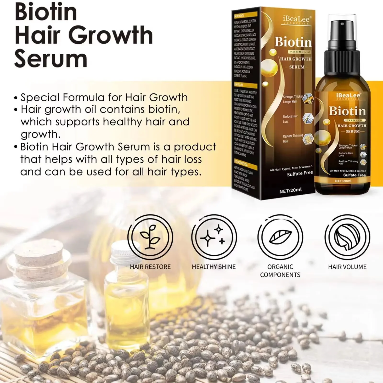 Biotina soro de crescimento capilar, produtos anti-perda de cabelo, crescimento rápido, prevenção de frizz seco, tratamento de reparo danificado, spray de cuidados com a barba do couro cabeludo