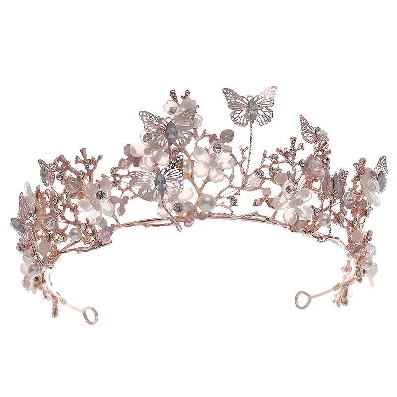 Baroque Pearl Rhinestone Crown Flower Butterfly Princess Tiara Headband Hairband Women Bridal Wedding Hair Accessories Jewelry