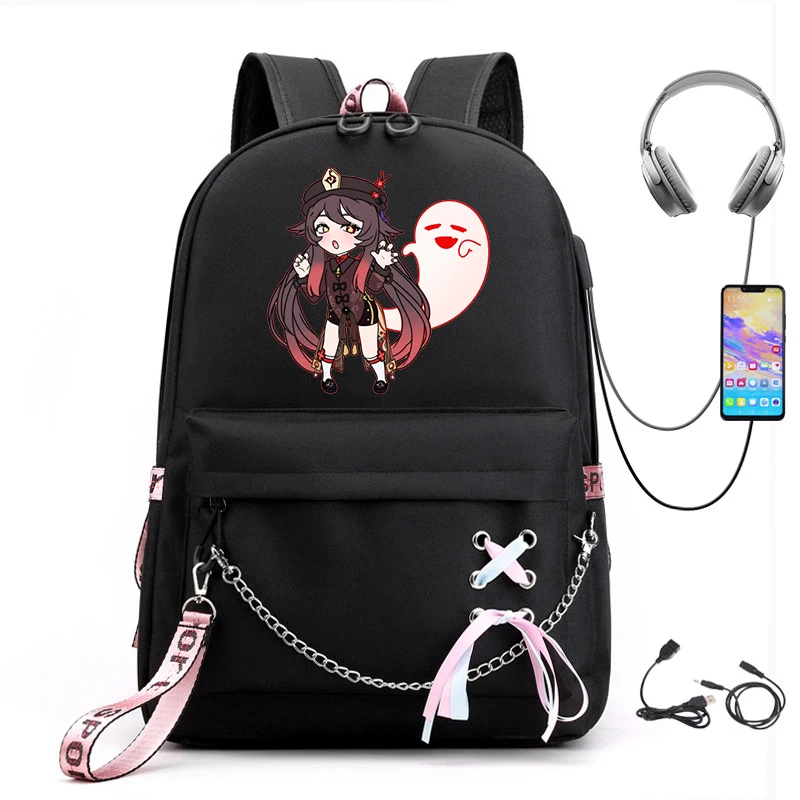 Black Girl School Bags for Teenage Backpack Women College Wind SchoolBag Genshin Impact Hu Tao Anime Female High Student Bookbag