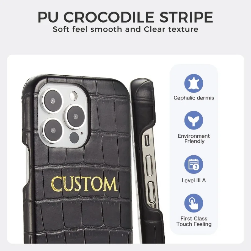 DIY Custom Leather Phone Case for IPhone Personalized Name Crocodile Gold Letter Luxury Case for IPhone 15 14 13 12 11 Pro Max