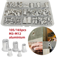 105/165 Piece Aluminum Rivet Nut Set - M3 to M12 Sizes, Flat Head Threaded Inserts for Automotive