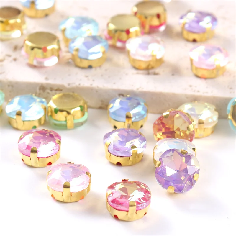 10mm Glitter Crystal Square glass sewing on Rhinestones with gold claw gemstone for Wedding Dress Shoes Bags DIY Trim