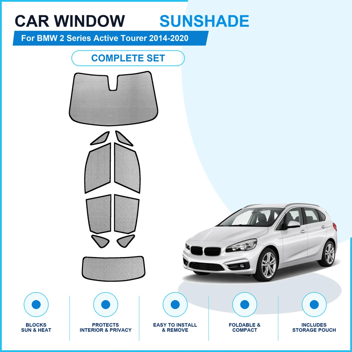 For BMW 2 Series Active Tourer 2014-2020 Custom Full Set Window Sunshades Aluminum Foil Suction Cup Anti UV Privacy
